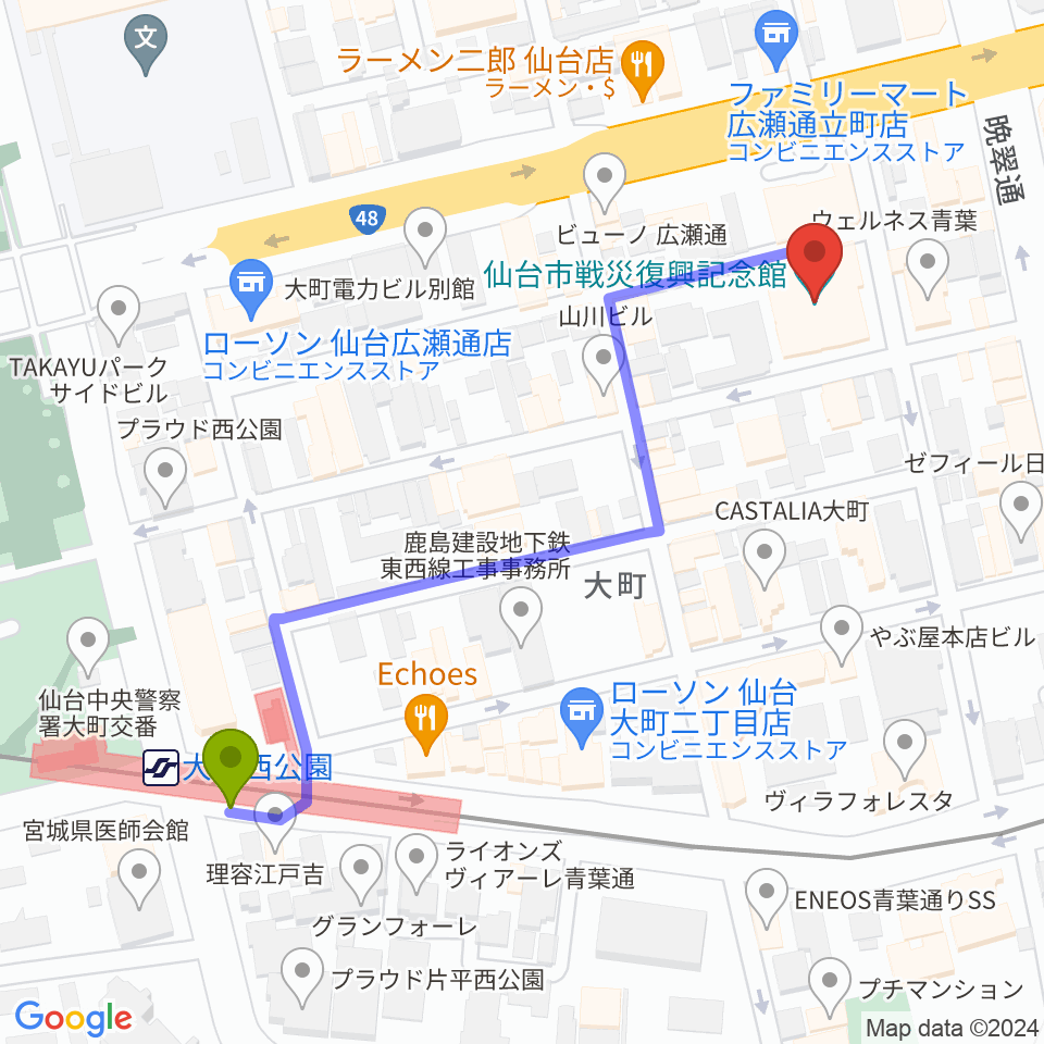 仙台市戦災復興記念館の最寄駅大町西公園駅からの徒歩ルート（約6分）地図