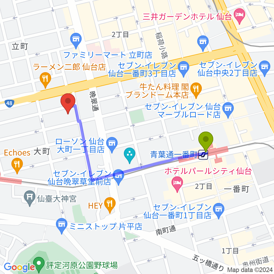 青葉通一番町駅から仙台市戦災復興記念館へのルートマップ地図