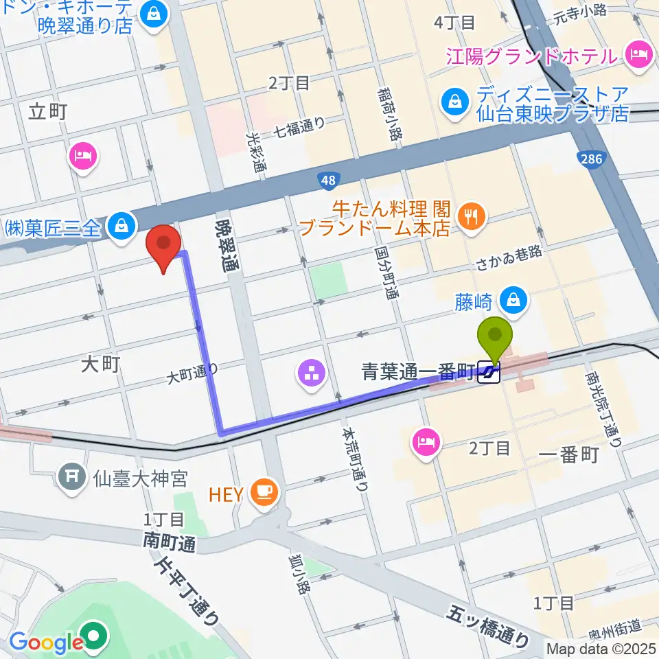 青葉通一番町駅から仙台市戦災復興記念館へのルートマップ地図