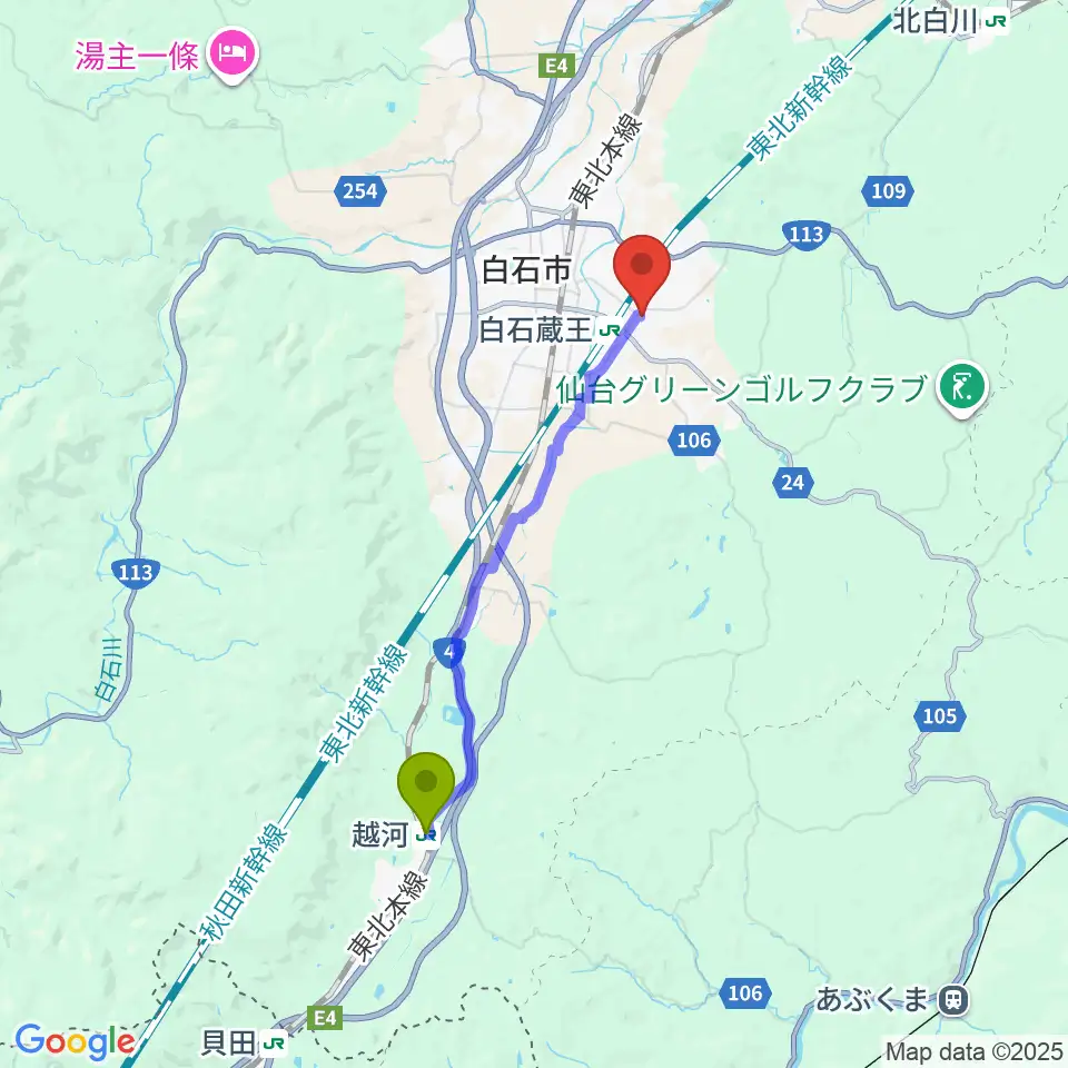 越河駅からホワイトキューブへのルートマップ地図