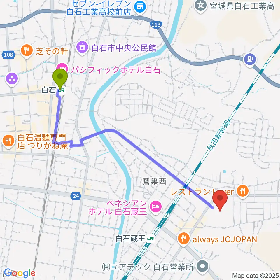 ホワイトキューブの最寄駅白石駅からの徒歩ルート（約22分）地図
