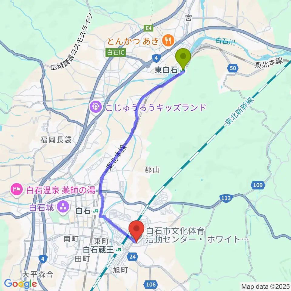 東白石駅からホワイトキューブへのルートマップ地図