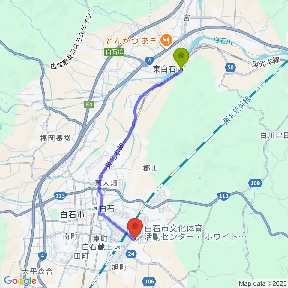 東白石駅からホワイトキューブへのルートマップ地図