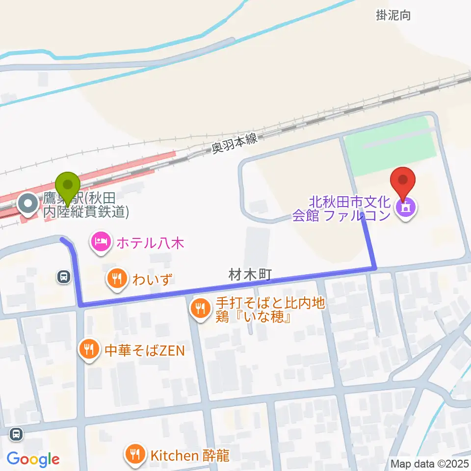 北秋田市文化会館ファルコンの最寄駅鷹ノ巣駅からの徒歩ルート（約5分）地図