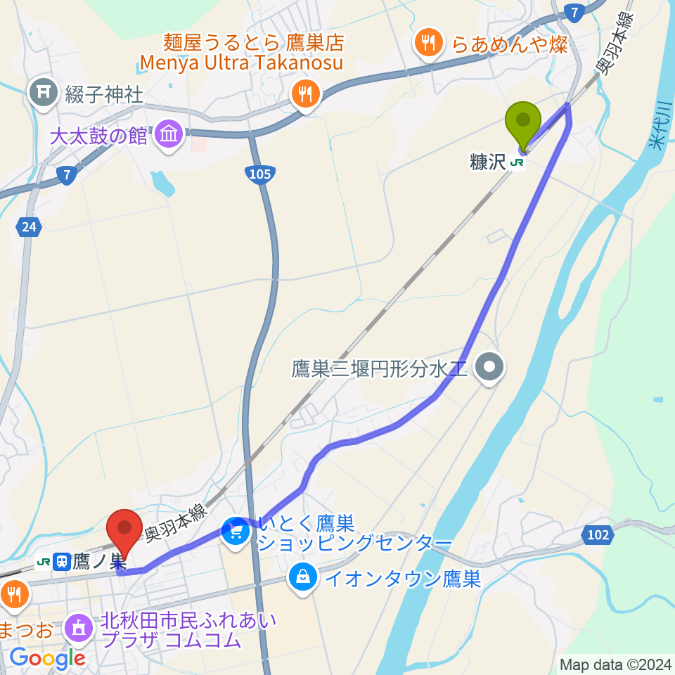 糠沢駅から北秋田市文化会館ファルコンへのルートマップ地図