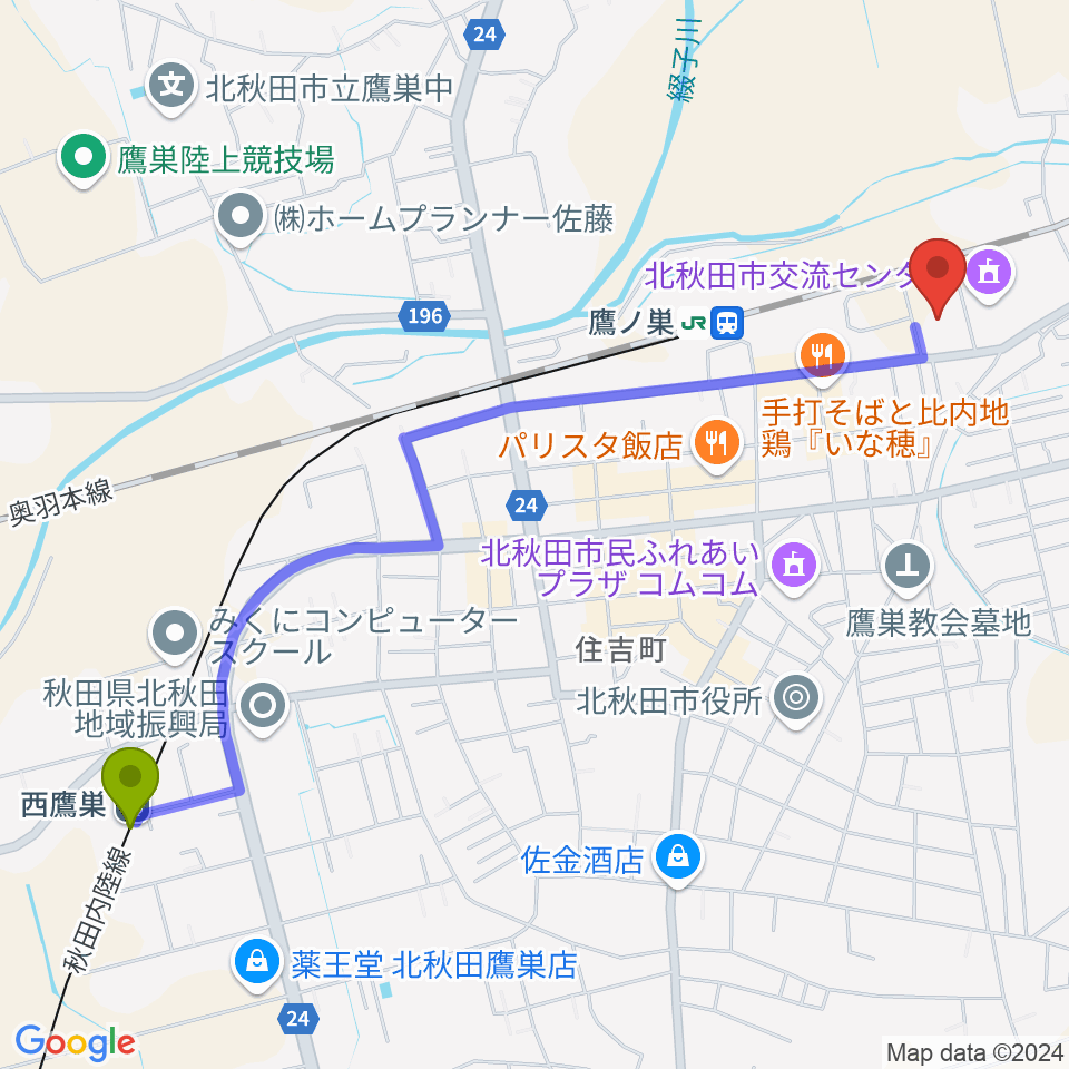 西鷹巣駅から北秋田市文化会館ファルコンへのルートマップ地図