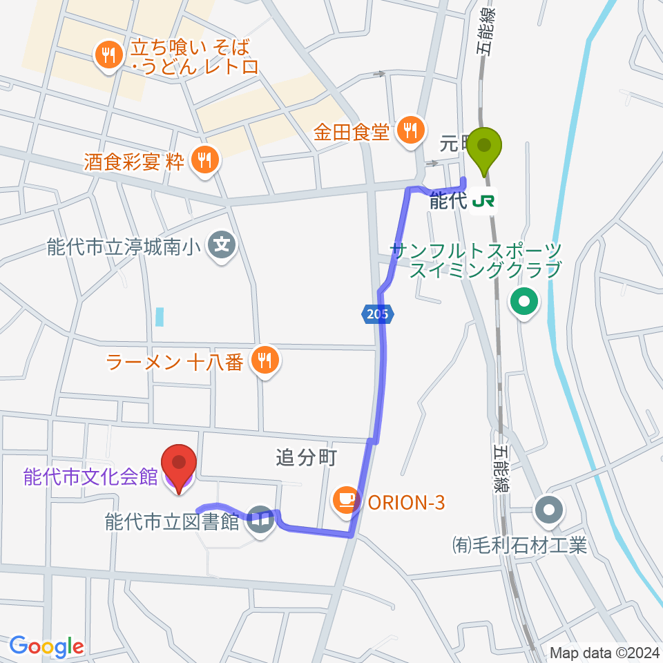 能代市文化会館の最寄駅能代駅からの徒歩ルート（約10分）地図