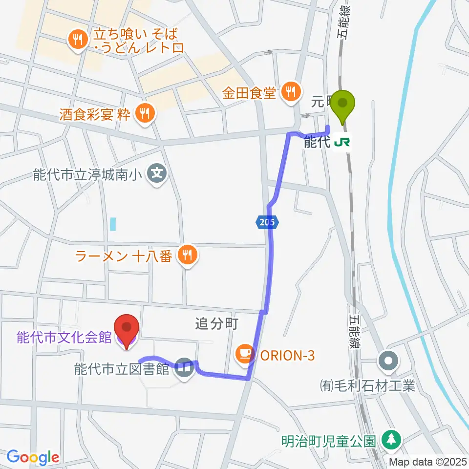 能代市文化会館の最寄駅能代駅からの徒歩ルート（約10分）地図