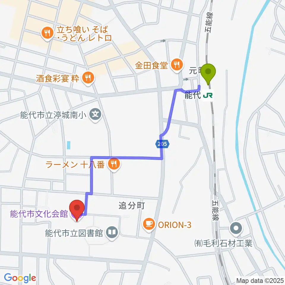 能代市文化会館の最寄駅能代駅からの徒歩ルート（約10分）地図