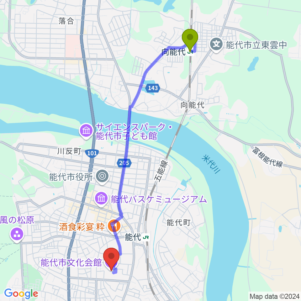 向能代駅から能代市文化会館へのルートマップ地図