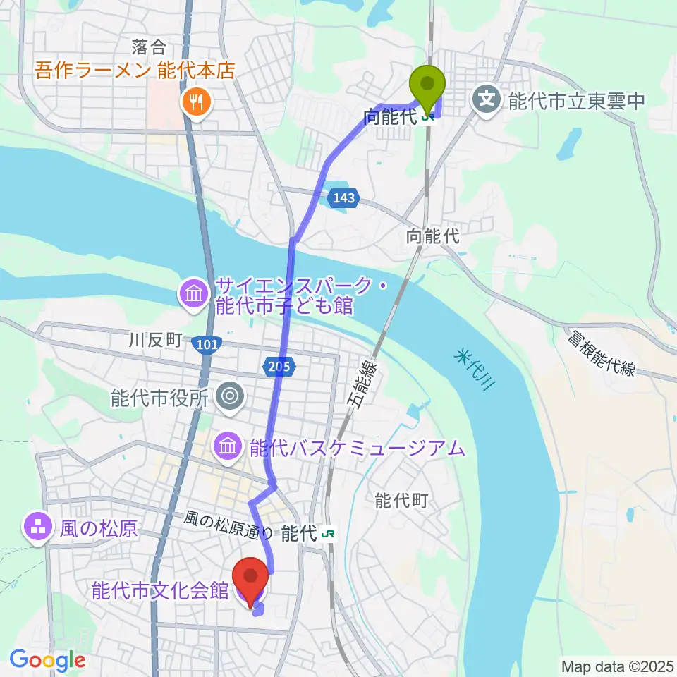 向能代駅から能代市文化会館へのルートマップ地図