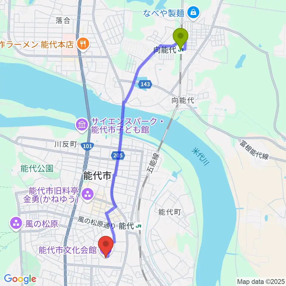 向能代駅から能代市文化会館へのルートマップ地図