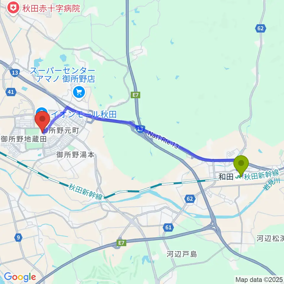 和田駅から秋田テルサへのルートマップ地図