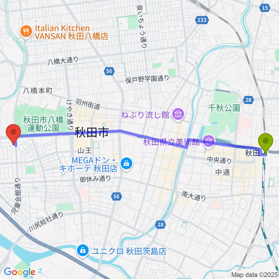 秋田駅から秋田県児童会館へのルートマップ地図