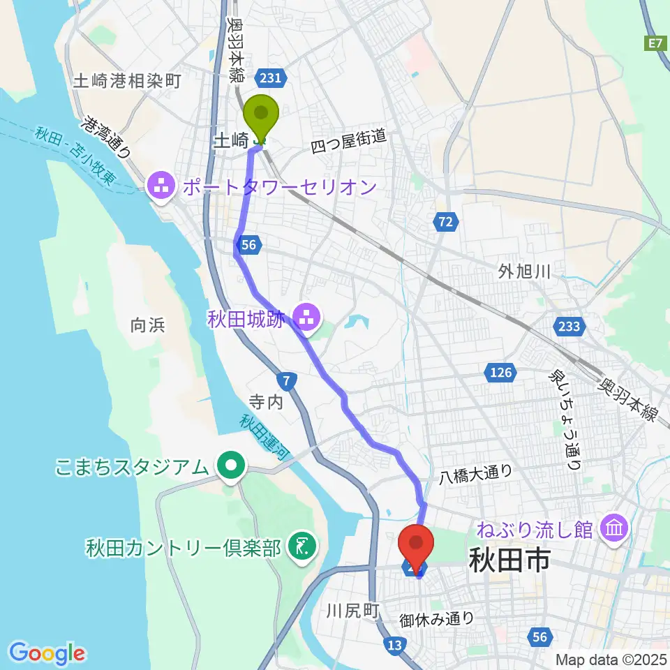 土崎駅から秋田県児童会館へのルートマップ地図