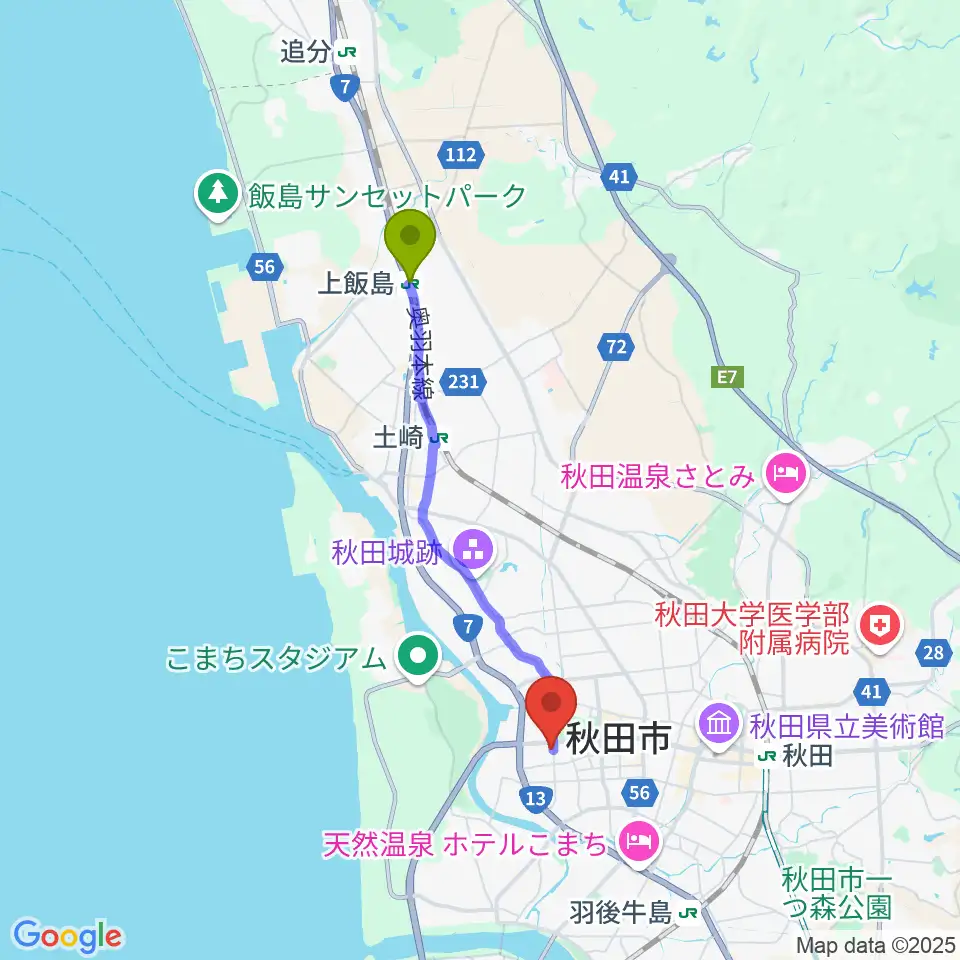 上飯島駅から秋田県児童会館へのルートマップ地図