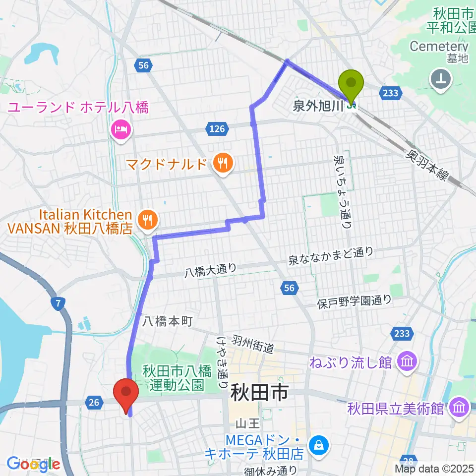 秋田県児童会館の最寄駅泉外旭川駅からの徒歩ルート（約47分）地図