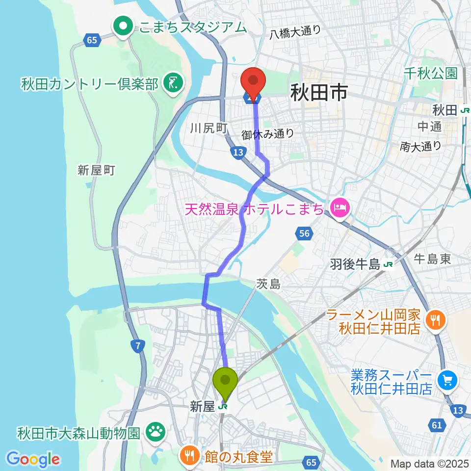 新屋駅から秋田県児童会館へのルートマップ地図