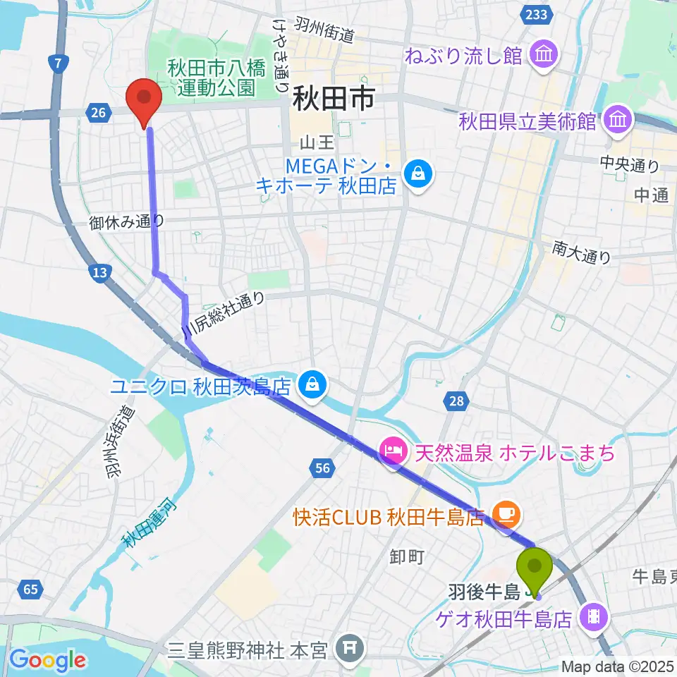 羽後牛島駅から秋田県児童会館へのルートマップ地図