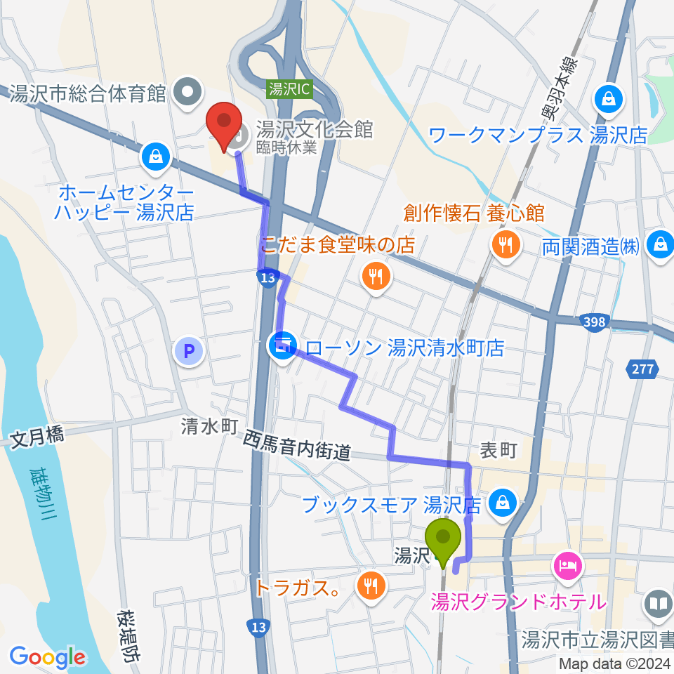 湯沢文化会館の最寄駅湯沢駅からの徒歩ルート（約21分）地図