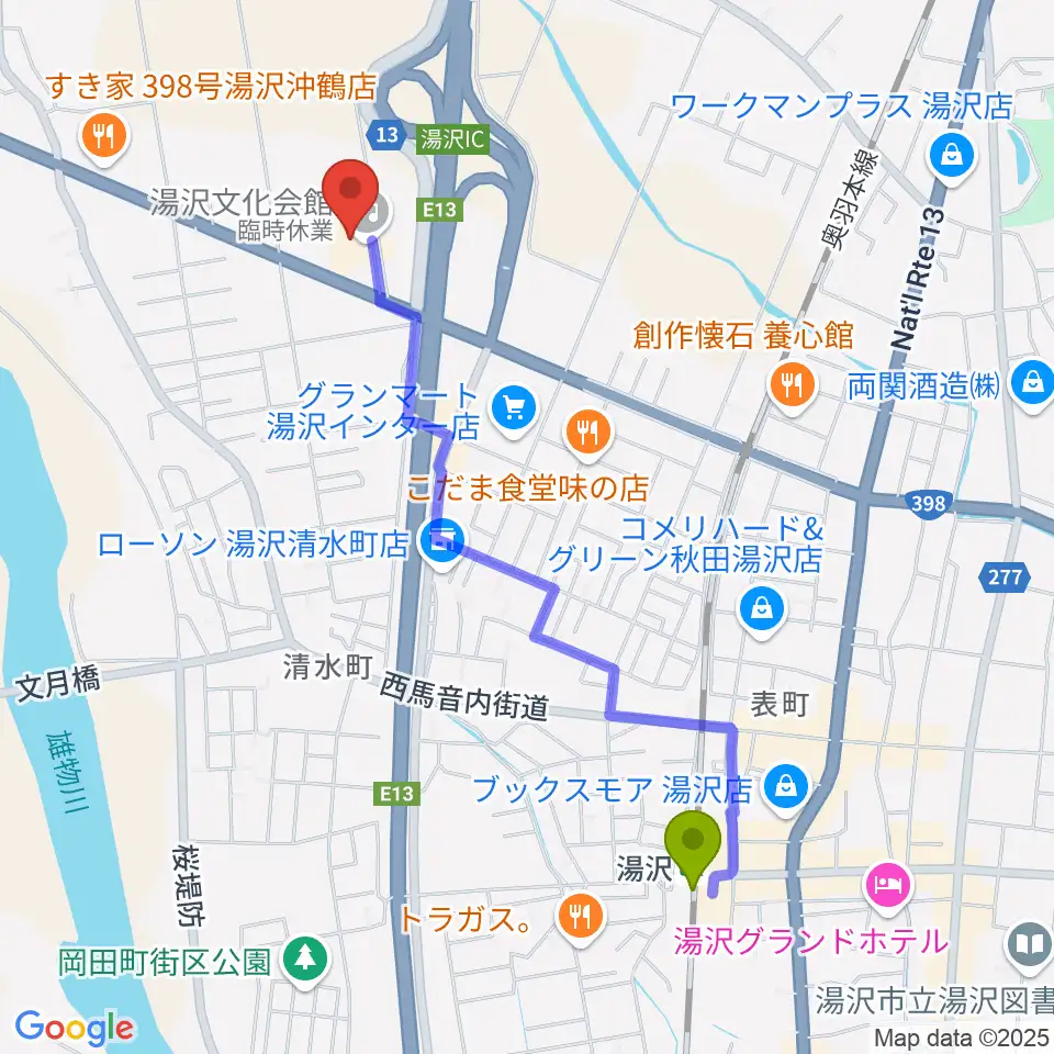 湯沢文化会館の最寄駅湯沢駅からの徒歩ルート（約21分）地図