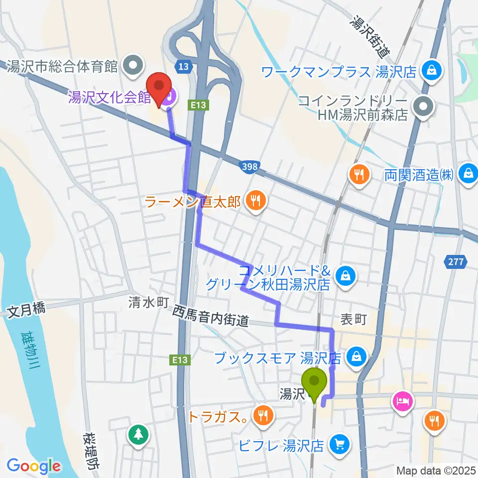 湯沢文化会館の最寄駅湯沢駅からの徒歩ルート（約21分）地図