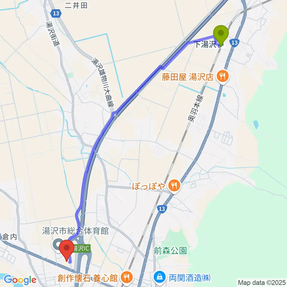 下湯沢駅から湯沢文化会館へのルートマップ地図