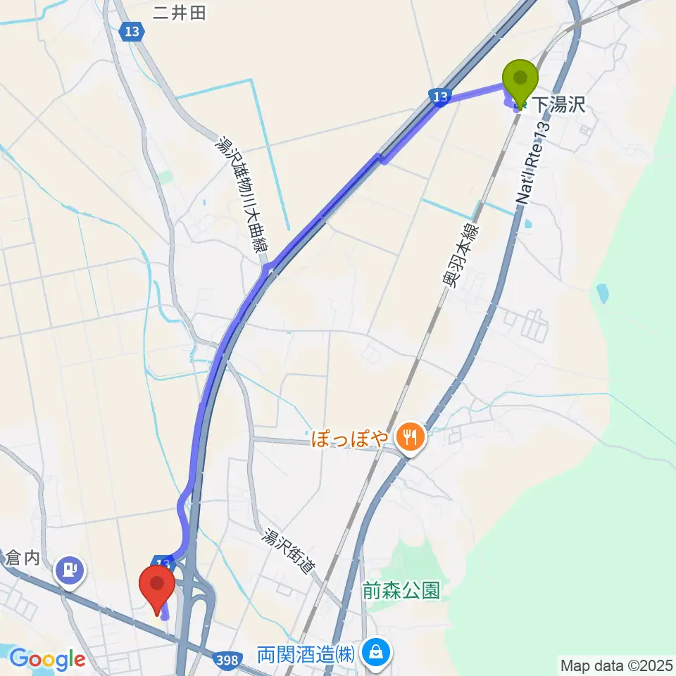 下湯沢駅から湯沢文化会館へのルートマップ地図