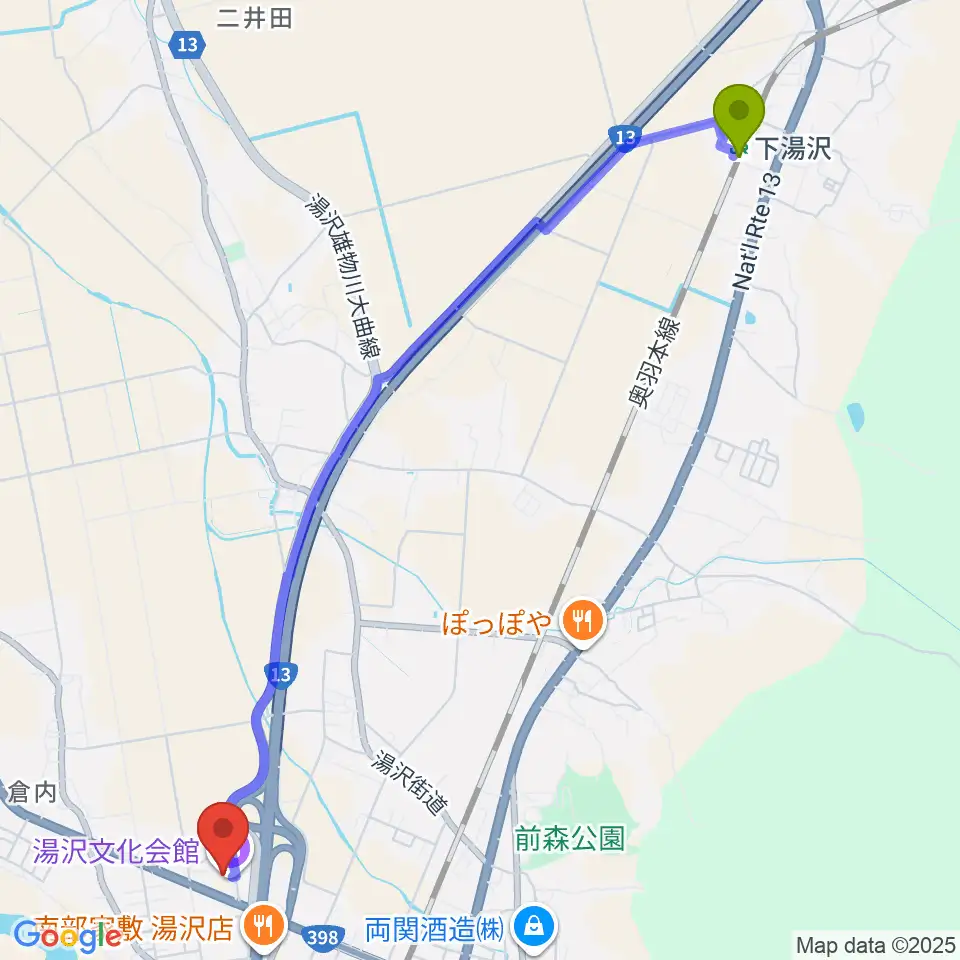 下湯沢駅から湯沢文化会館へのルートマップ地図
