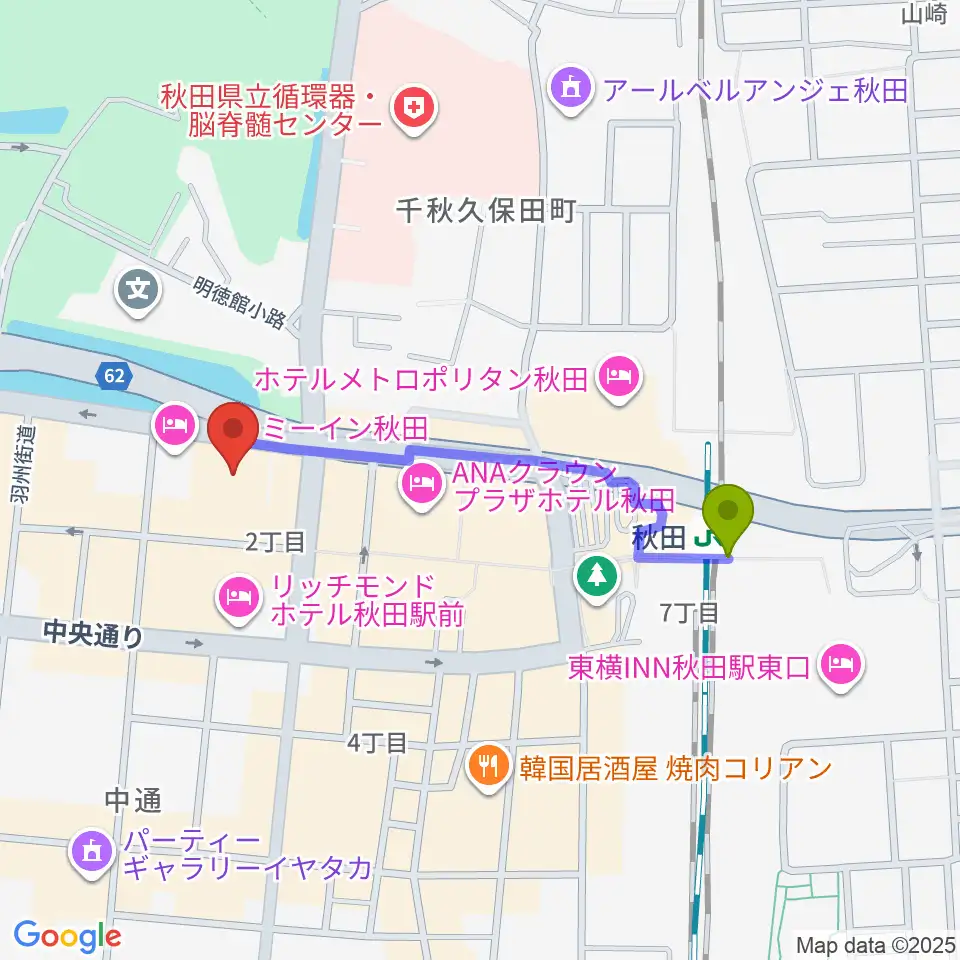 秋田アトリオンの最寄駅秋田駅からの徒歩ルート（約8分）地図