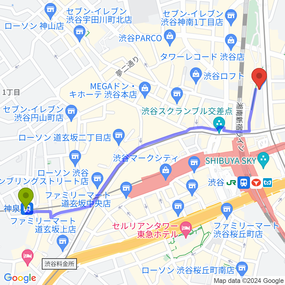 神泉駅から渋谷マトリクススタジオへのルートマップ地図