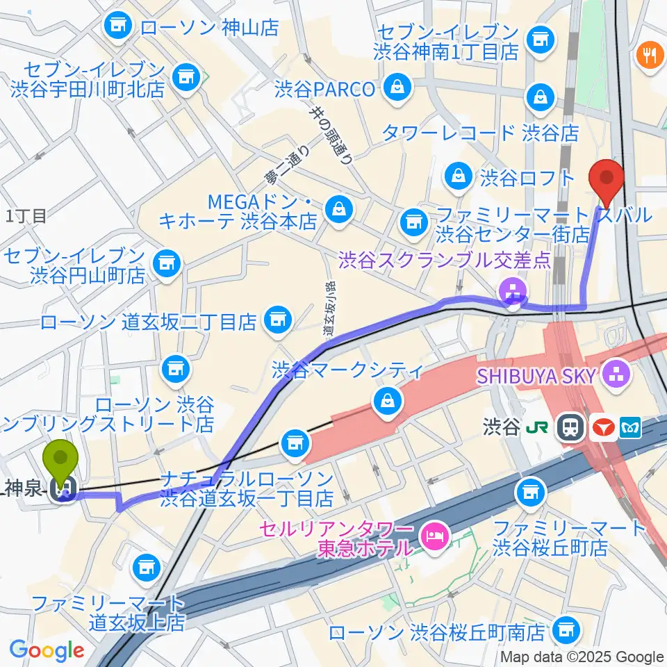 神泉駅から渋谷マトリクススタジオへのルートマップ地図