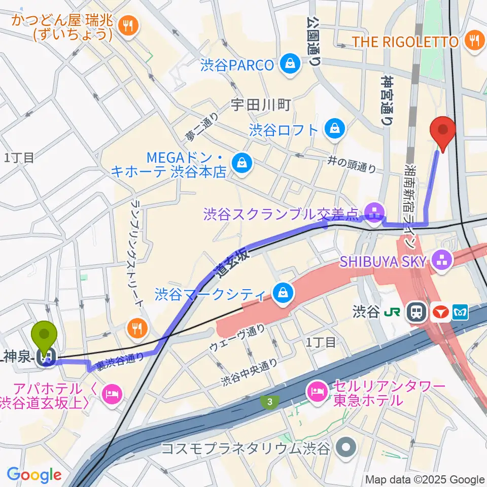 神泉駅から渋谷マトリクススタジオへのルートマップ地図