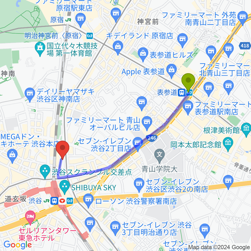 表参道駅から渋谷マトリクススタジオへのルートマップ地図