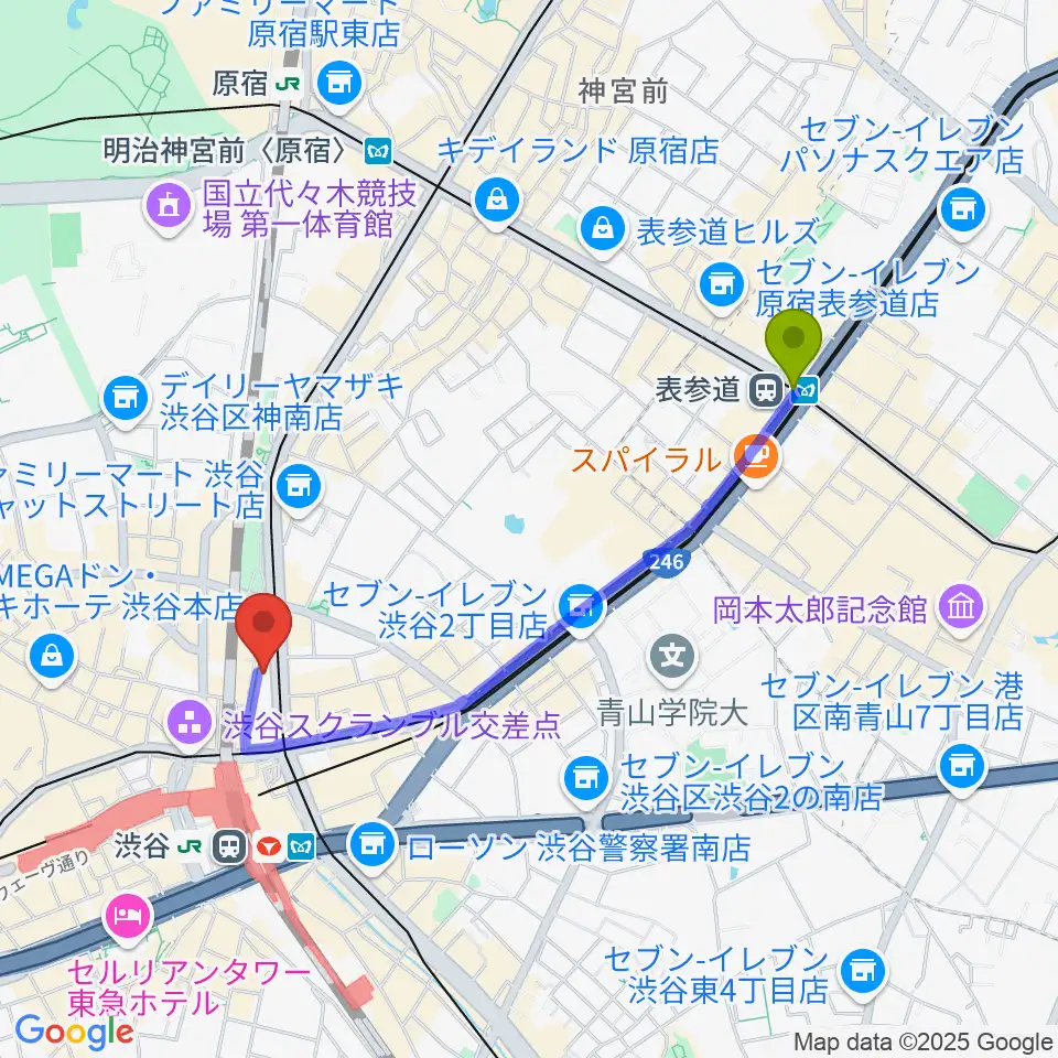 表参道駅から渋谷マトリクススタジオへのルートマップ地図