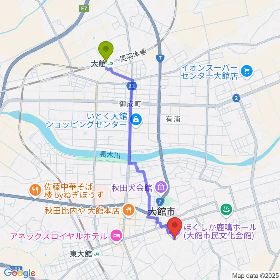 大館駅からほくしか鹿鳴ホールへのルートマップ地図