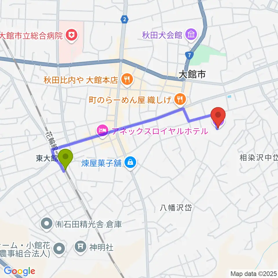 ほくしか鹿鳴ホールの最寄駅東大館駅からの徒歩ルート（約17分）地図