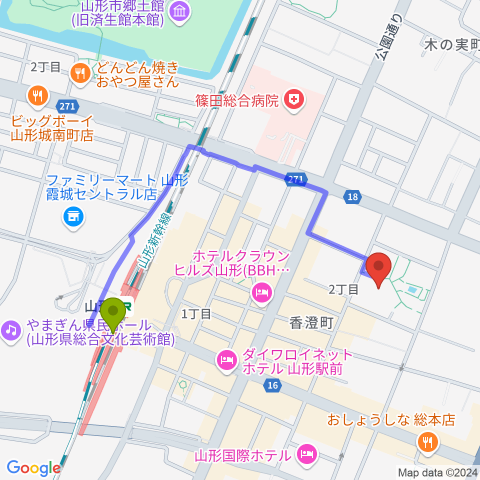 山形市民会館の最寄駅山形駅からの徒歩ルート（約8分）地図