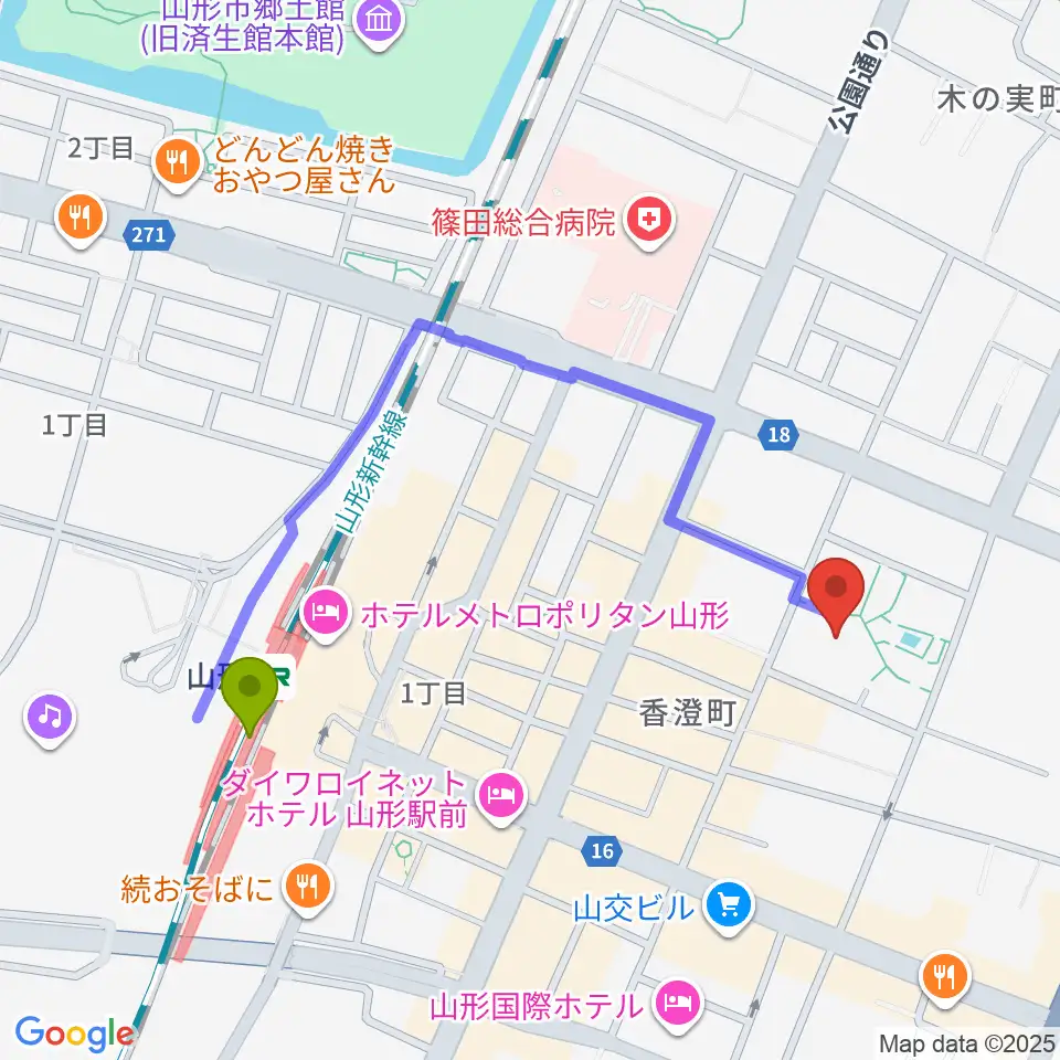 山形市民会館の最寄駅山形駅からの徒歩ルート（約8分）地図
