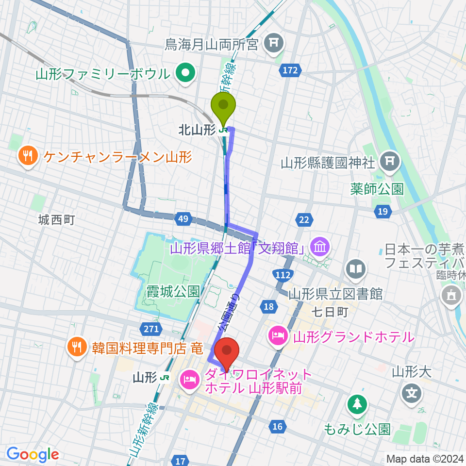 北山形駅から山形市民会館へのルートマップ地図