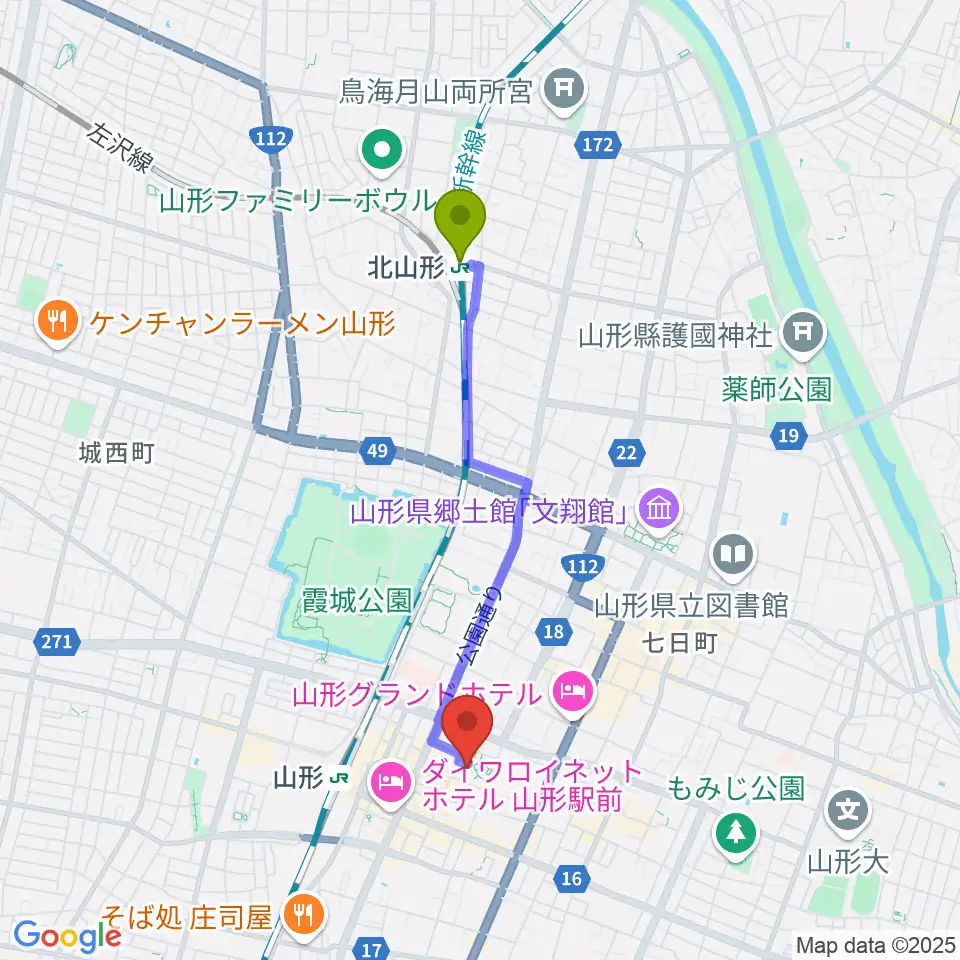 北山形駅から山形市民会館へのルートマップ地図