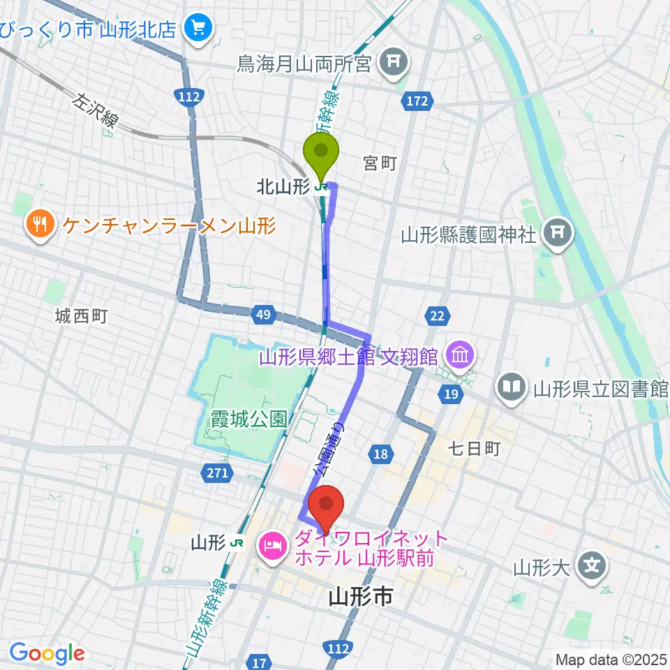 北山形駅から山形市民会館へのルートマップ地図