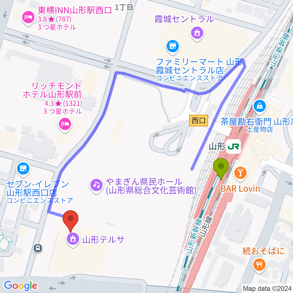 山形テルサホールの最寄駅山形駅からの徒歩ルート（約4分）地図