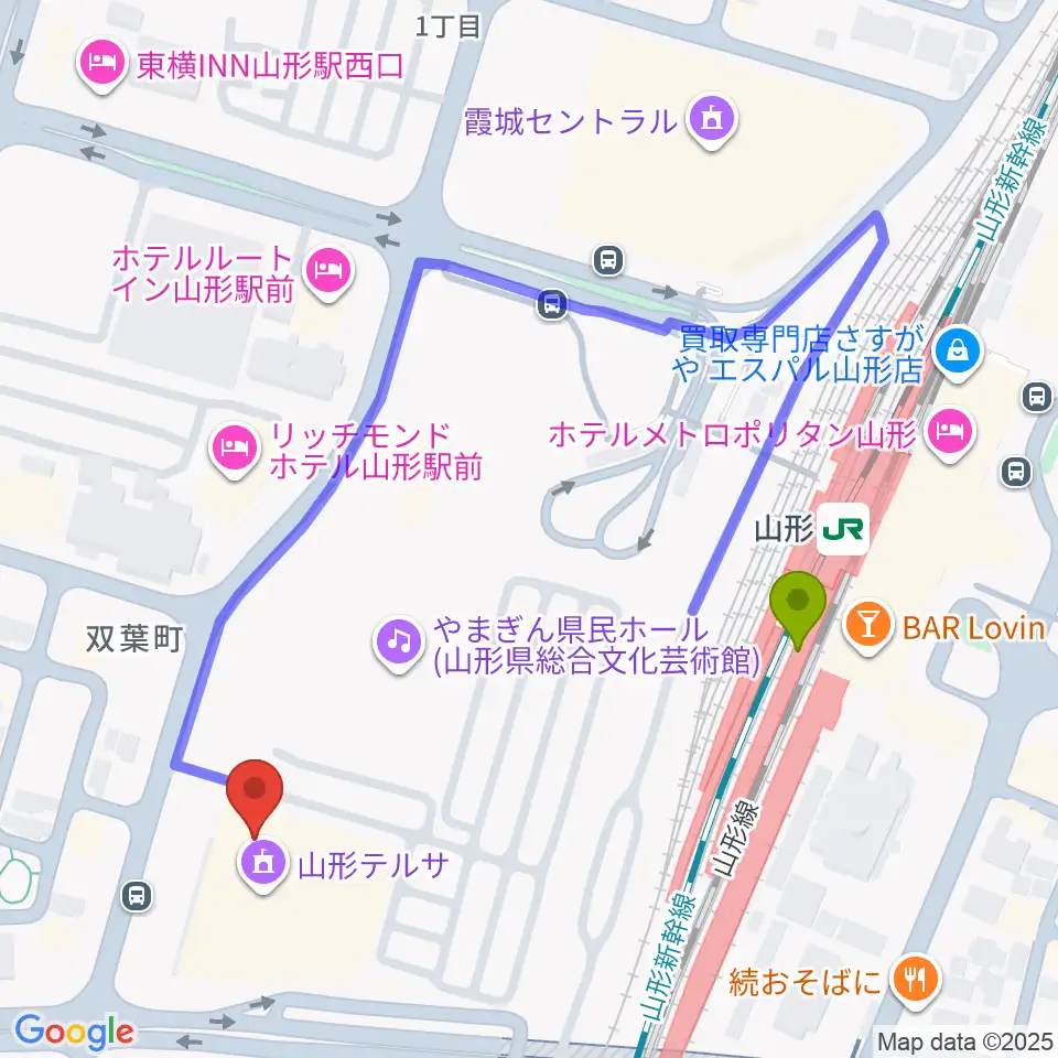 山形テルサホールの最寄駅山形駅からの徒歩ルート（約4分）地図