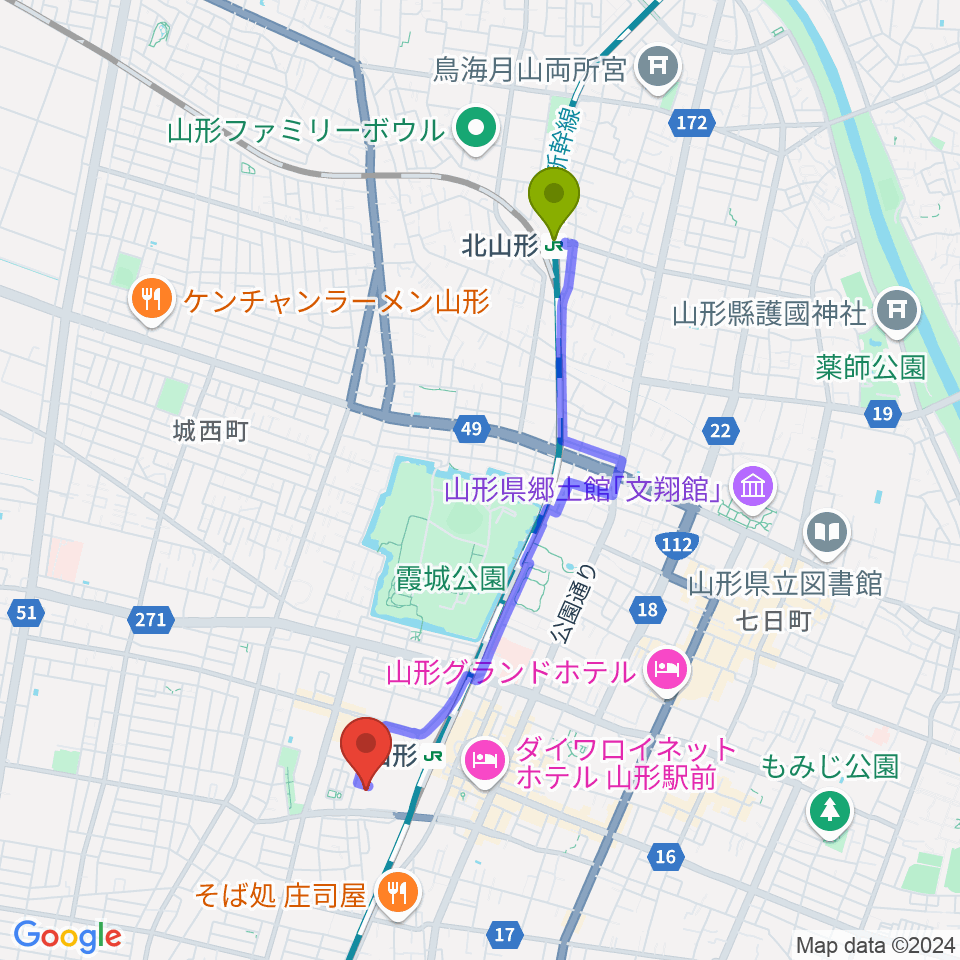 北山形駅から山形テルサホールへのルートマップ地図