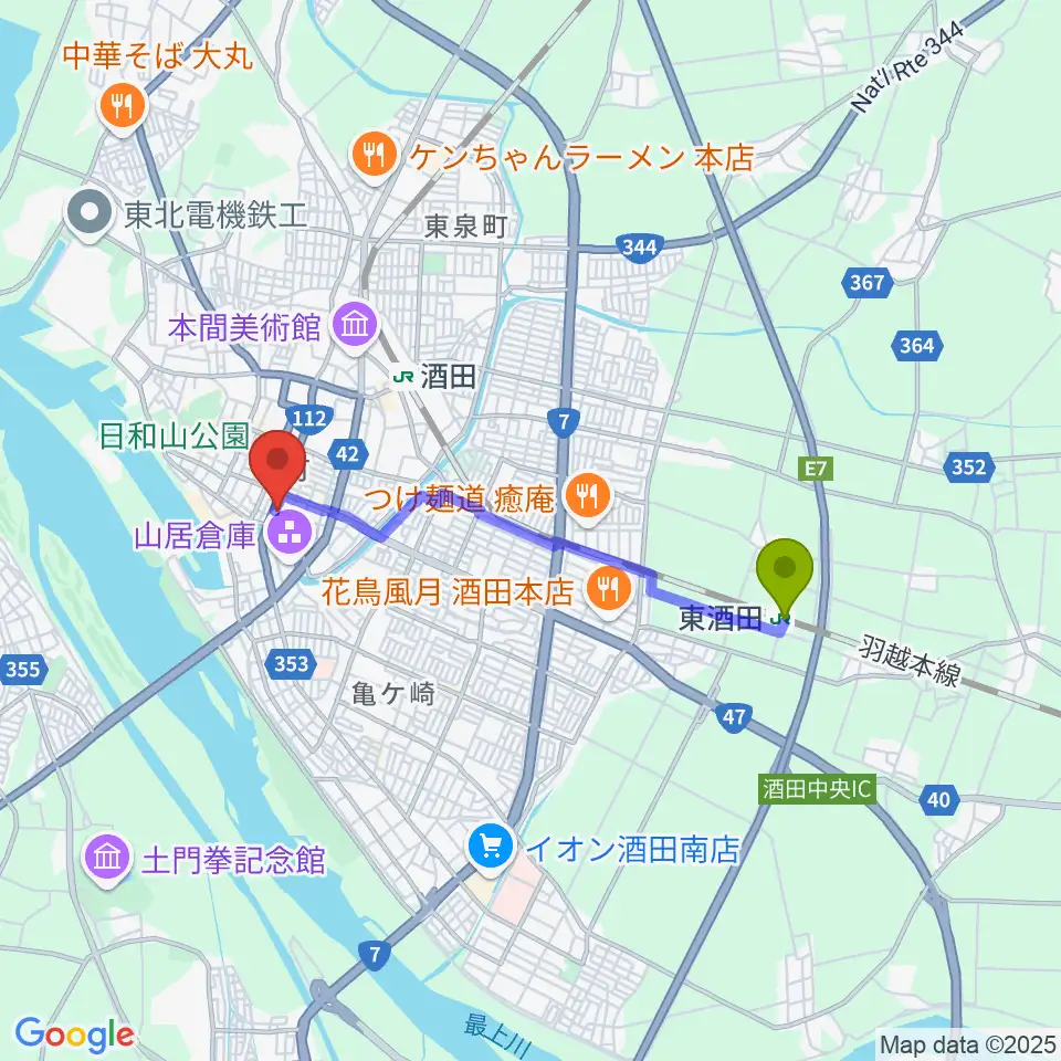 東酒田駅から酒田市民会館 希望ホールへのルートマップ地図