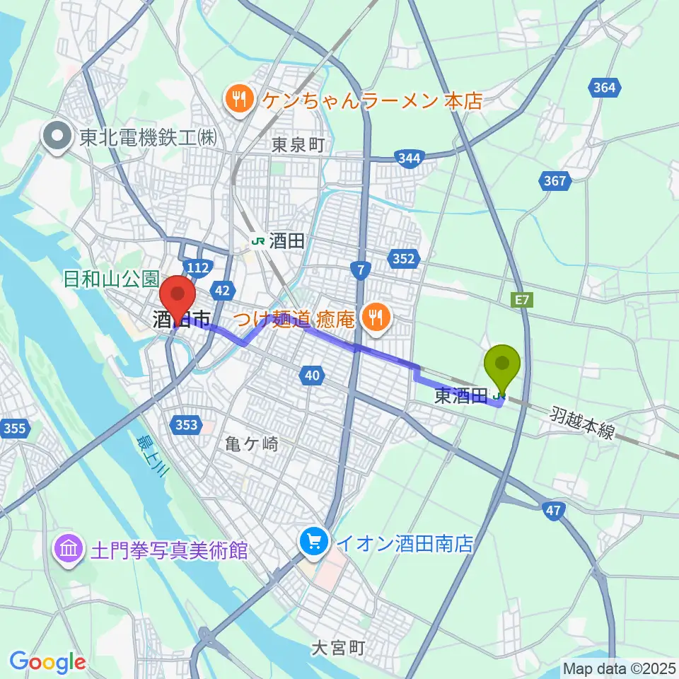 東酒田駅から酒田市民会館 希望ホールへのルートマップ地図