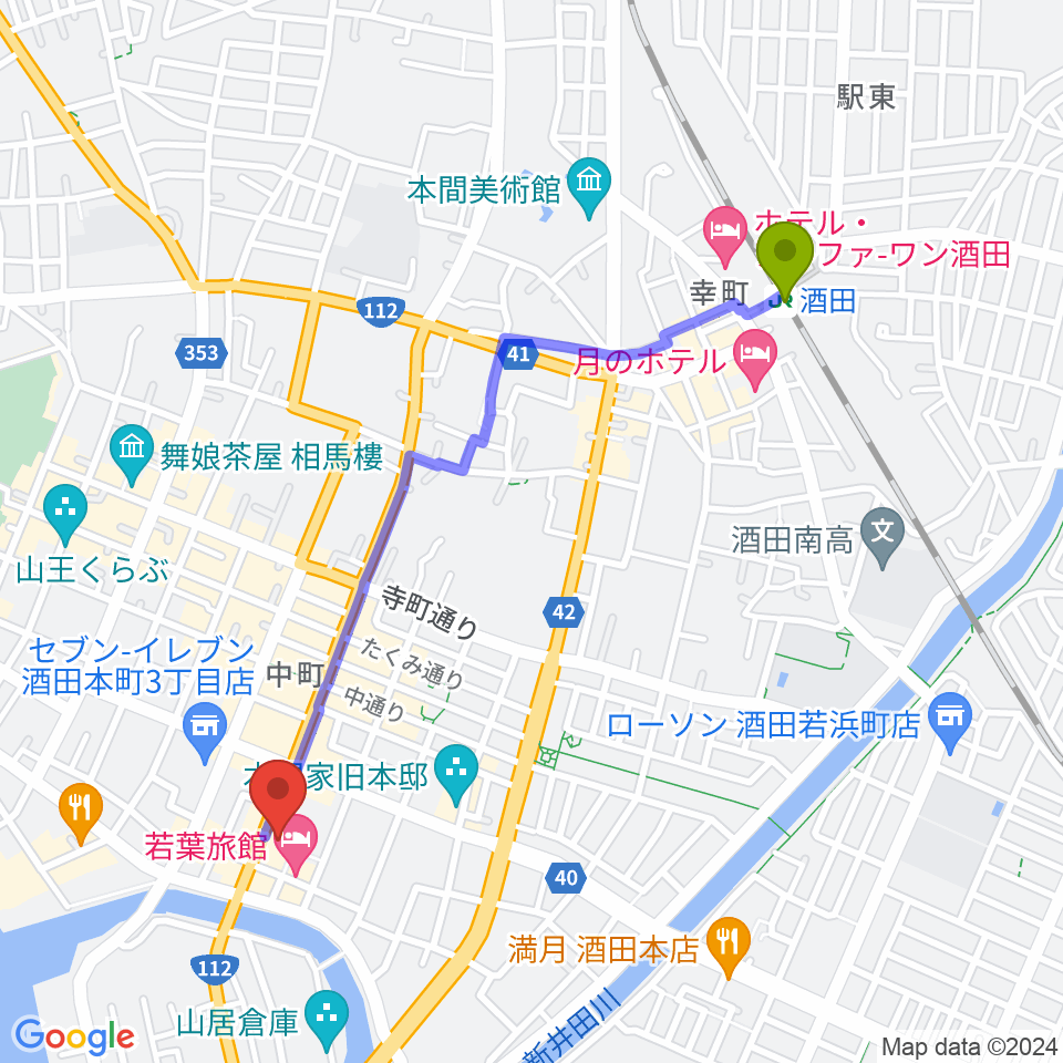 酒田市民会館 希望ホールの最寄駅酒田駅からの徒歩ルート（約21分）地図