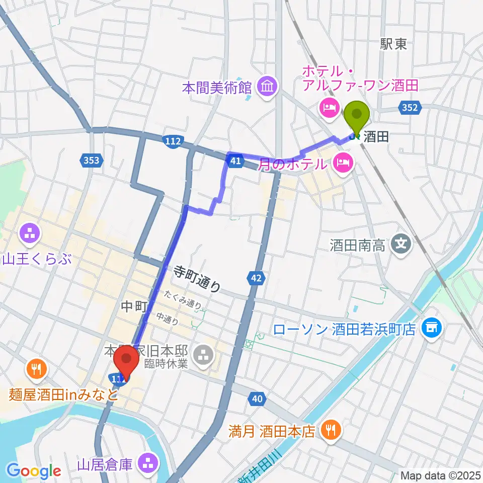 酒田市民会館 希望ホールの最寄駅酒田駅からの徒歩ルート（約21分）地図