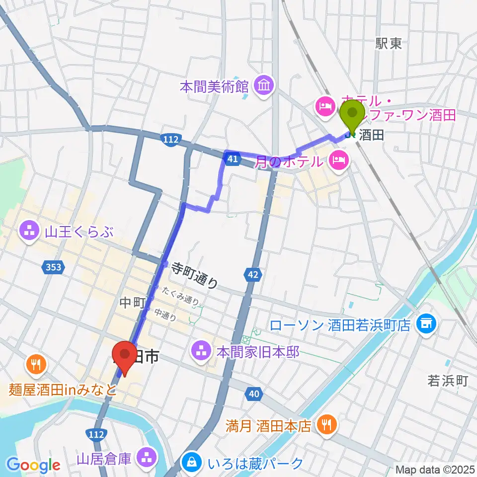 酒田市民会館 希望ホールの最寄駅酒田駅からの徒歩ルート（約21分）地図